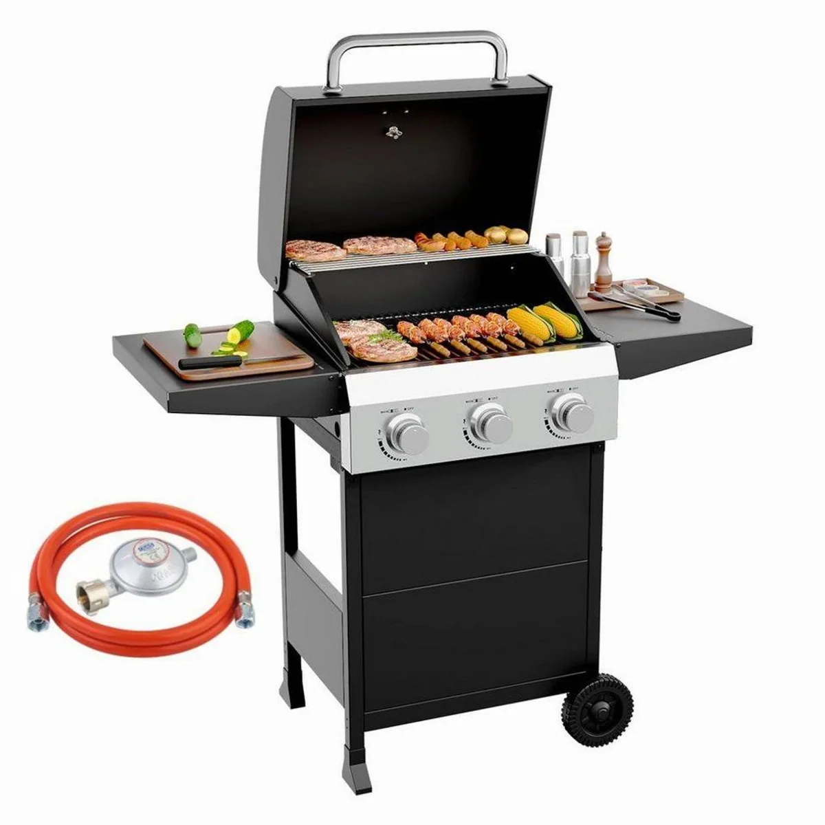 LALAHO Gasgrill Grillwagen, 3 Brenner, 10.55 kW Leistung, emaillierter Gusseisenrost