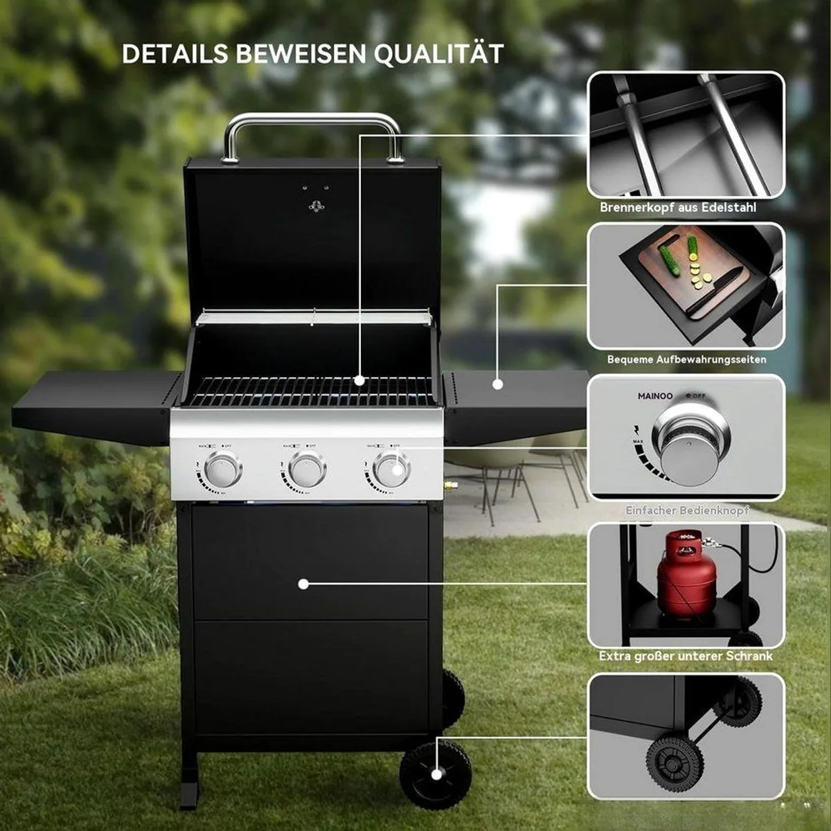 LALAHO Gasgrill Grillwagen, 3 Brenner, 10.55 kW Leistung, emaillierter Gusseisenrost 2
