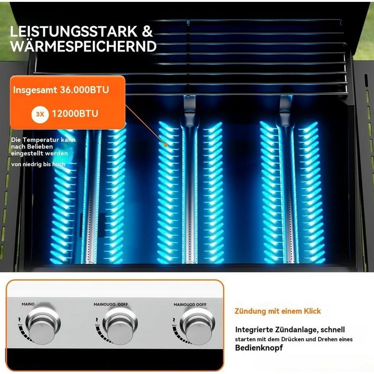 LALAHO Gasgrill Grillwagen, 3 Brenner, 10.55 kW Leistung, emaillierter Gusseisenrost 4