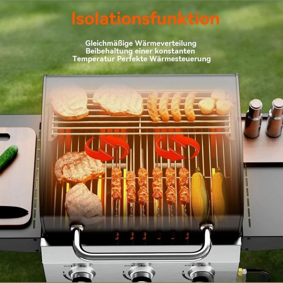 LALAHO Gasgrill Grillwagen, 3 Brenner, 10.55 kW Leistung, emaillierter Gusseisenrost 5