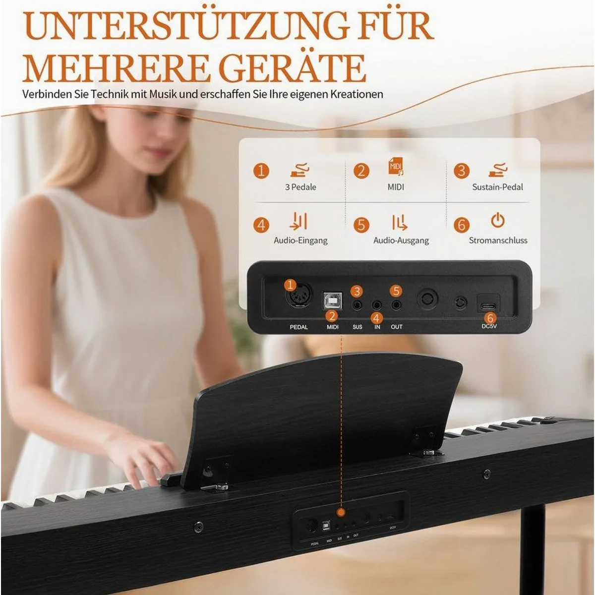LALAHO Digitalpiano E-Piano 88 Tasten, authentischer Klang, Bluetooth & MIDI-Anschluss 4