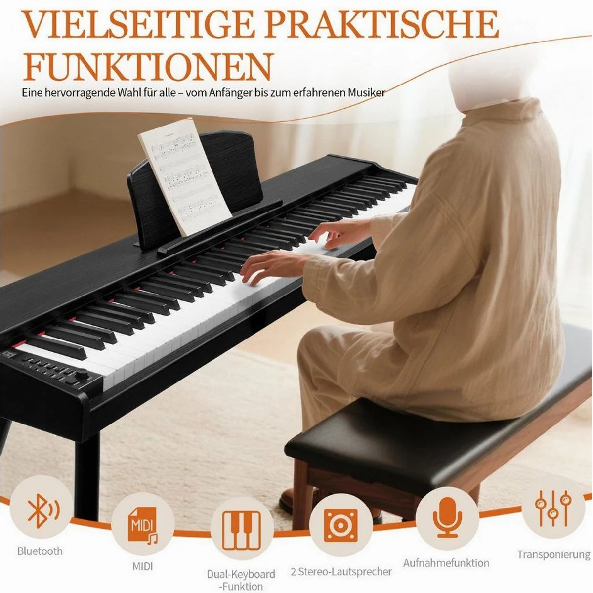 LALAHO Digitalpiano E-Piano 88 Tasten, authentischer Klang, Bluetooth & MIDI-Anschluss 5