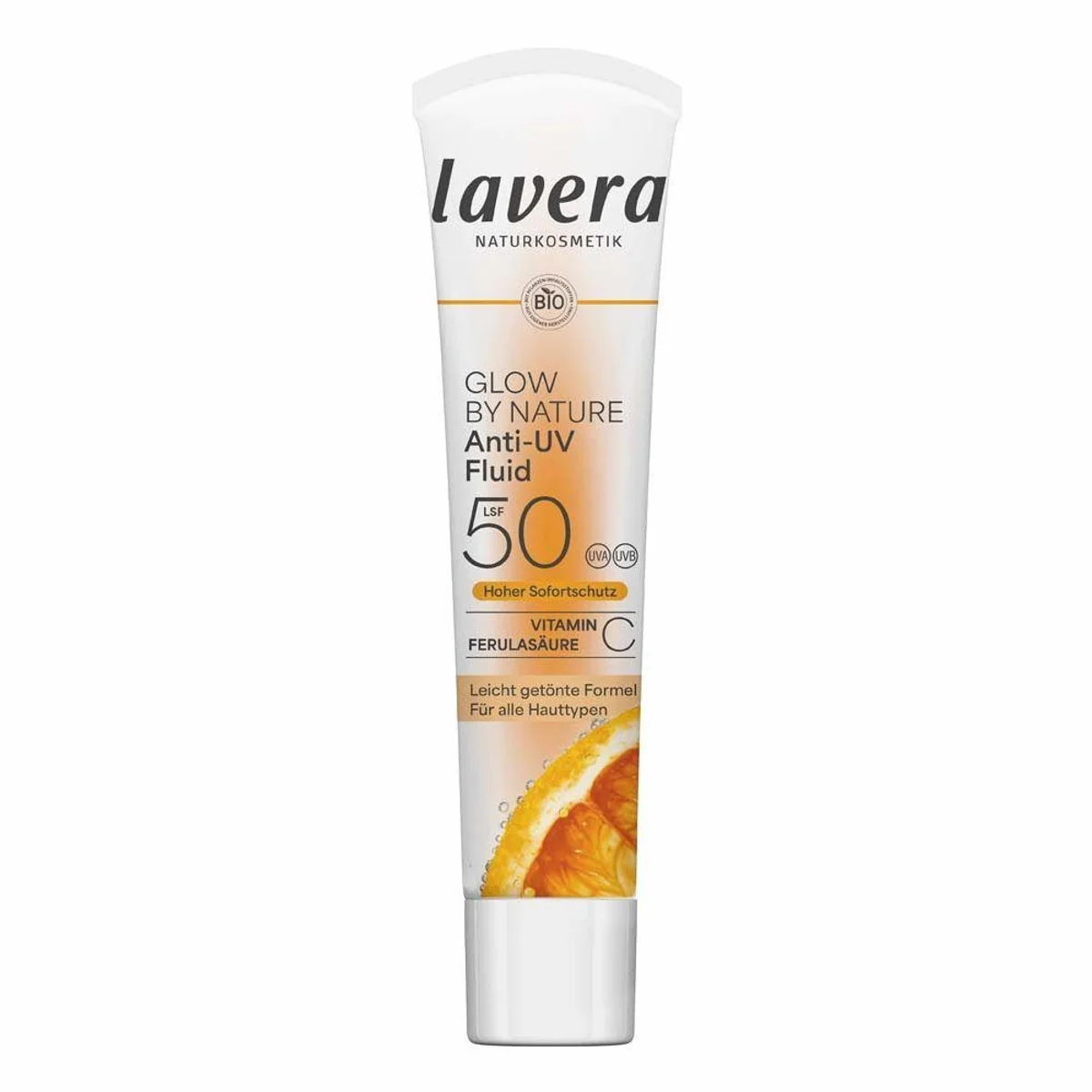 Lavera Gesichtsfluid Glow by Nature, mineralischer UV-Schutz LSF 50 — Glow-Effekt, Vitamin C, Ferulasäure