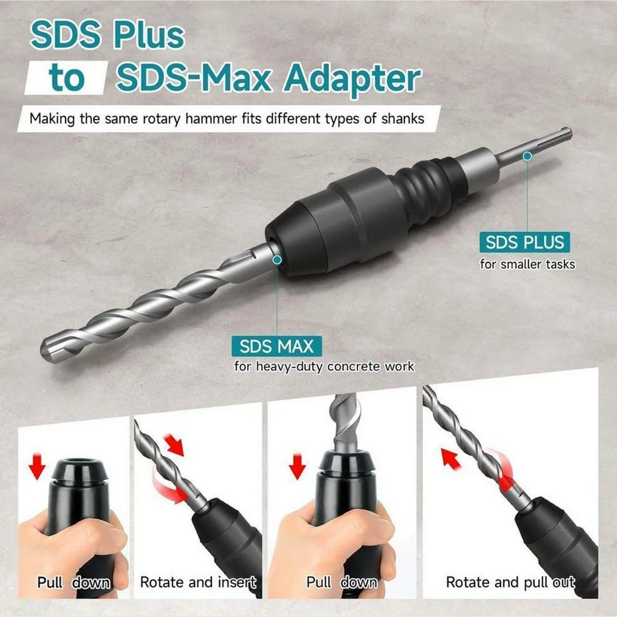 LuxusKollektion Bohrfutteradapter SDS Plus auf SDS Max, langlebiger legierter Stahl, vielseitig einsetzbar 5