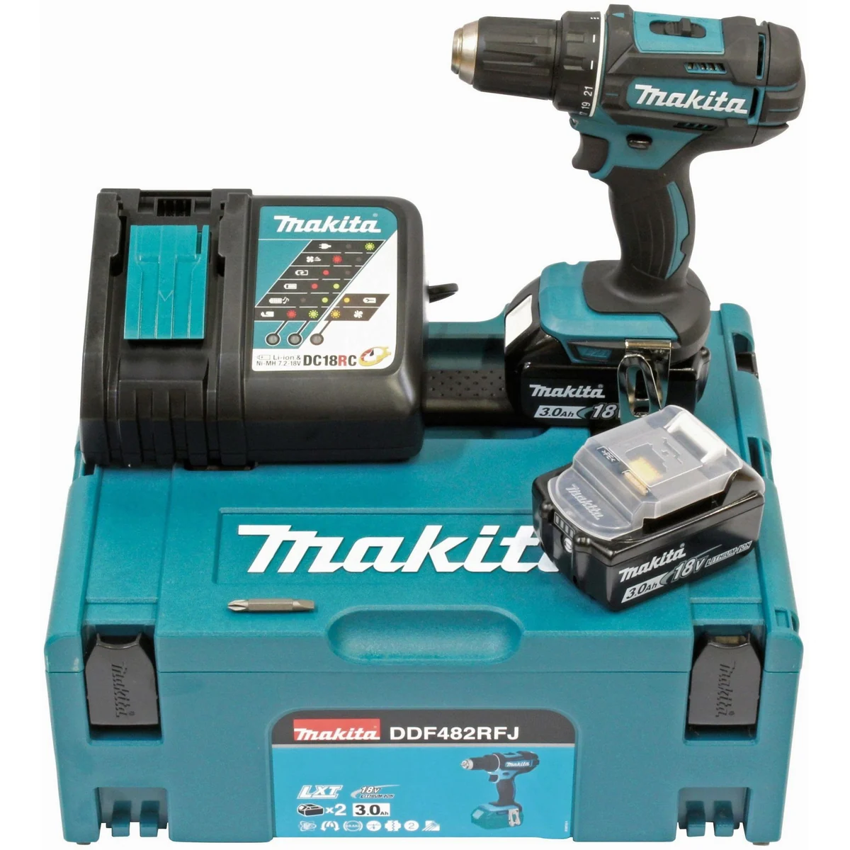 Makita DDF482RFJ Akku-Bohrschrauber, 1900 U/min, inkl. 2 Akkus 18V/3Ah — kraftvoll, vielseitig, mobil