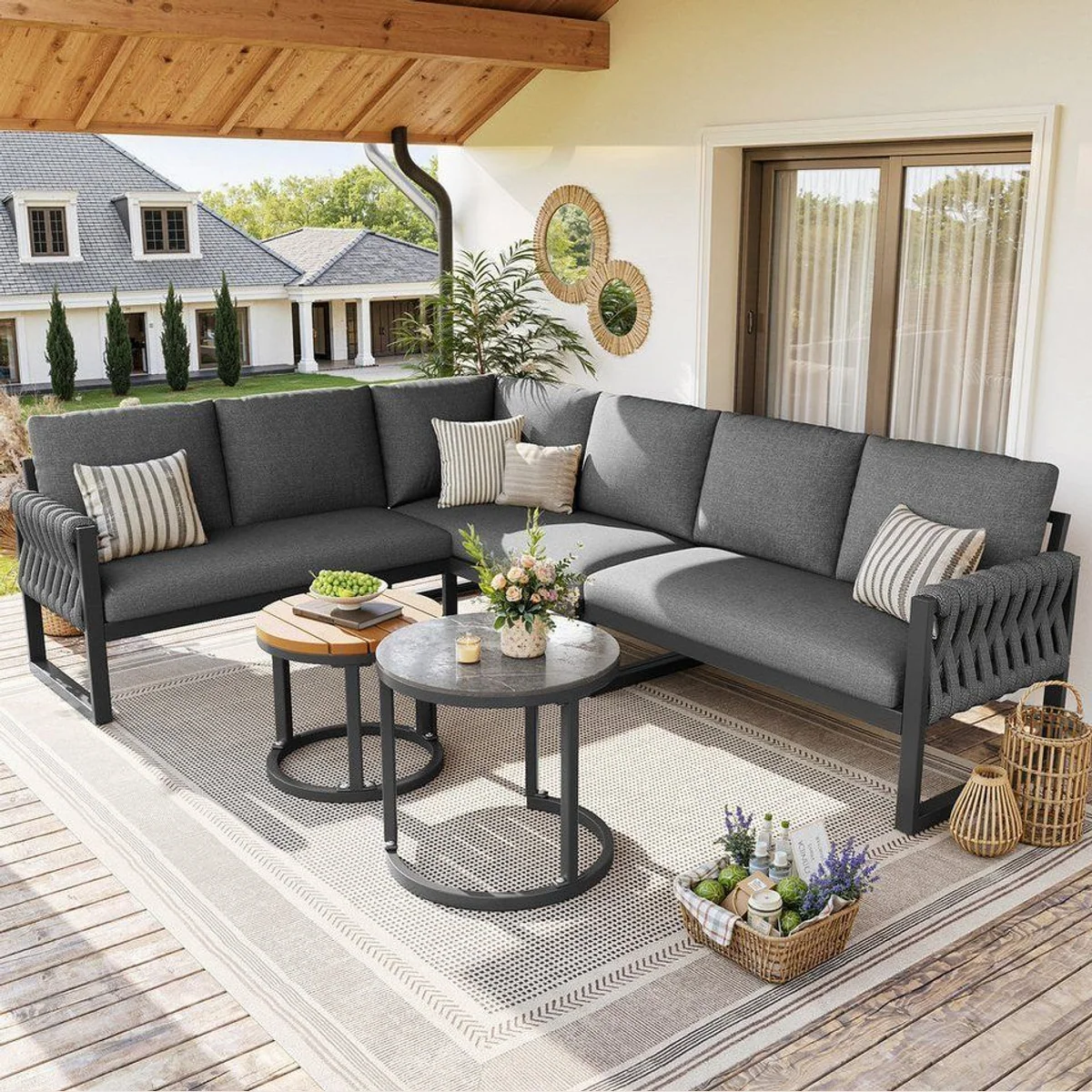 Merax Gartenlounge-Set, L-förmiges Gartensofa für 5-6 Personen, hochwertig & modular