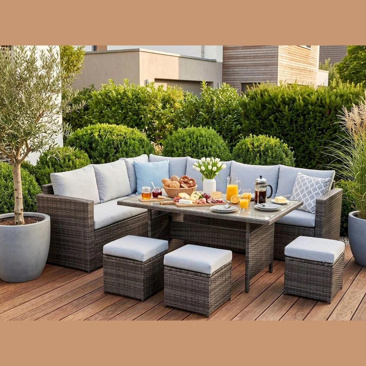 MeXo Gartenlounge Set, 7-teilig, wetterfest für 8 Personen — modulare L-Form, pflegeleichte Materialien, stabiler Rahmen