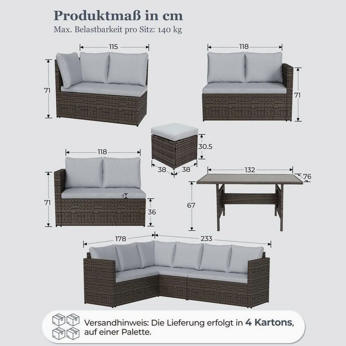 MeXo Gartenlounge Set, 7-teilig, wetterfest für 8 Personen — modulare L-Form, pflegeleichte Materialien, stabiler Rahmen 4