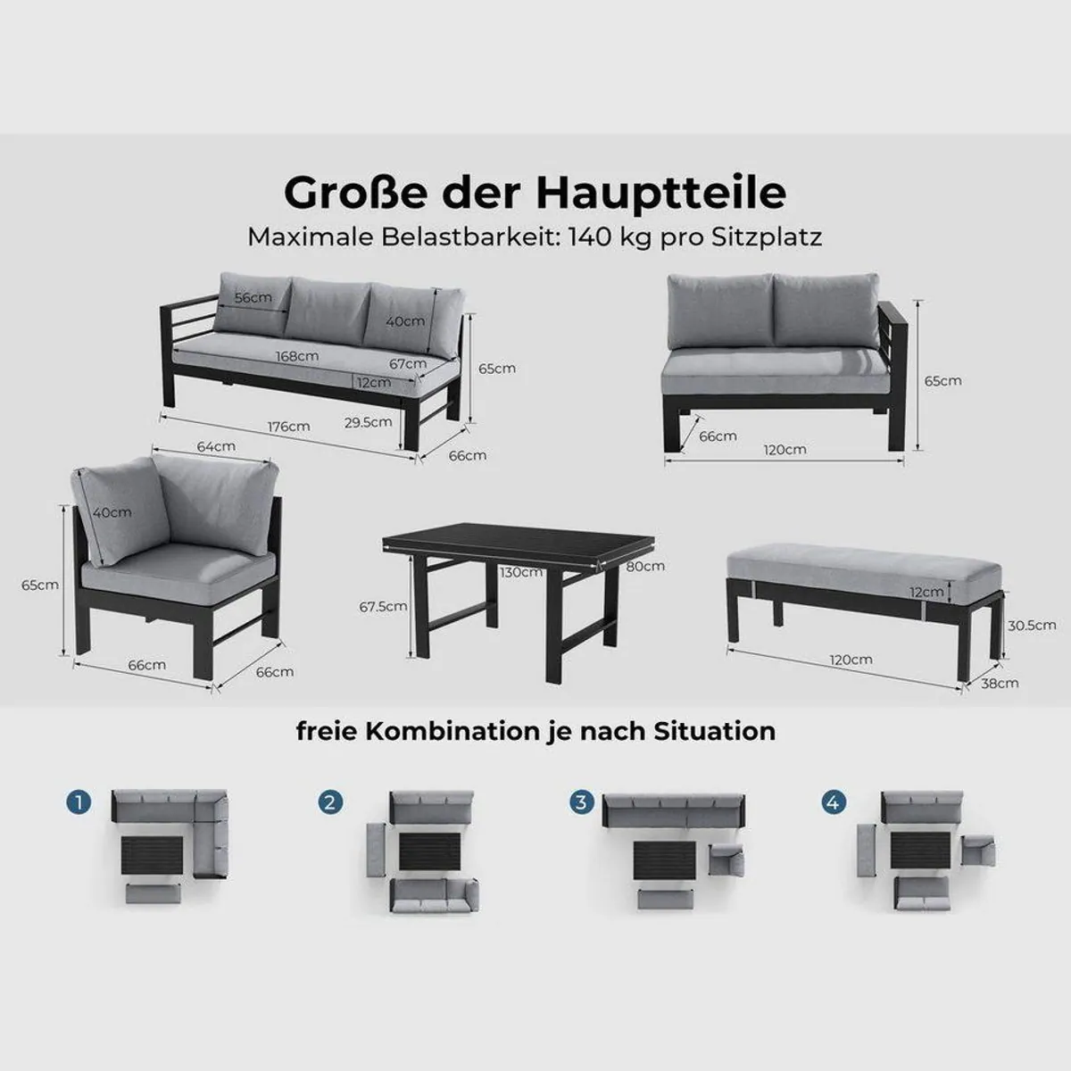MeXo Gartenlounge-Set XXL, Aluminium, wetterfest und pflegeleicht — für 6-8 Personen 3