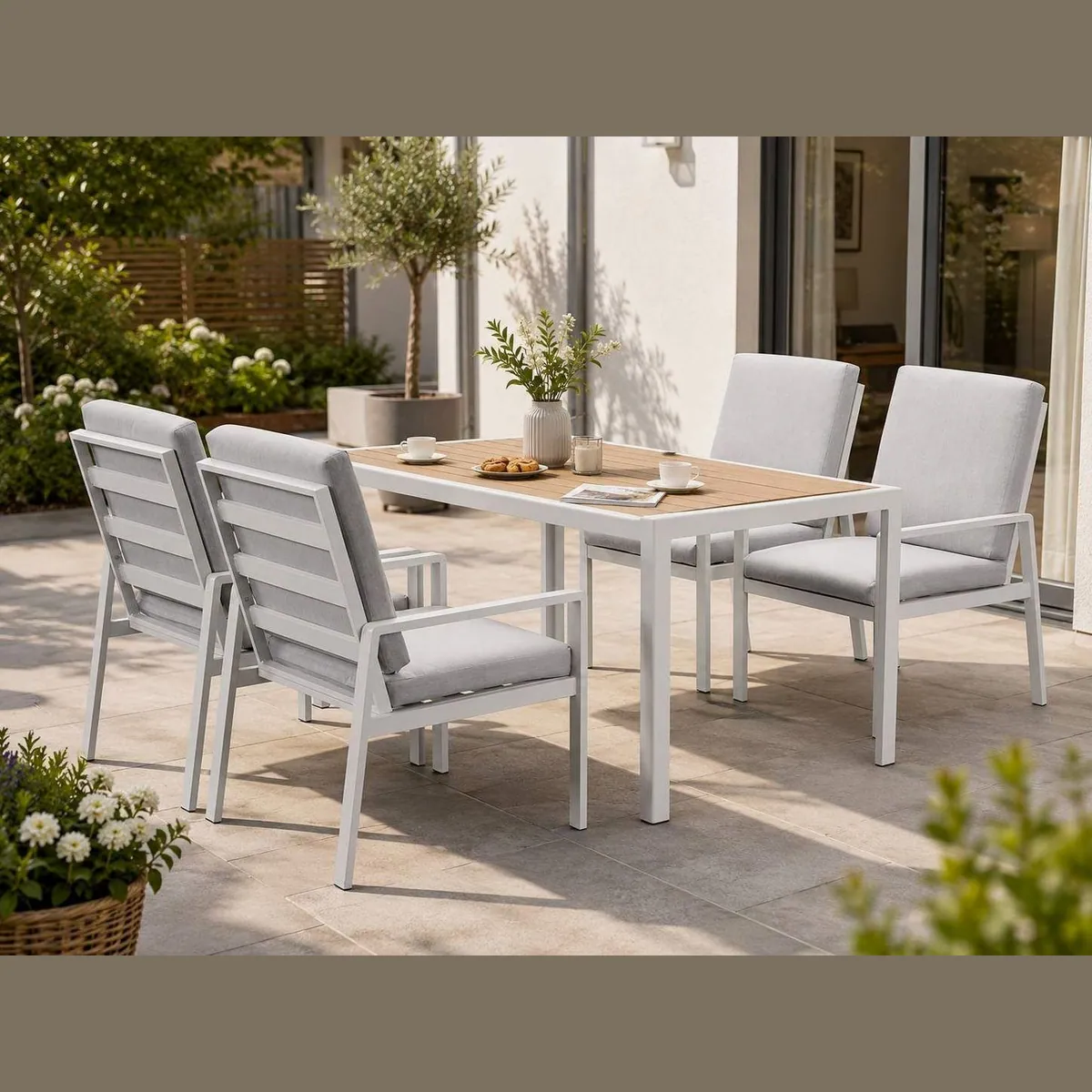 MeXo Garden Lounge-Set, Aluminium, wetterfest & pflegeleicht — 5-tlg., 140 x 80 cm Tisch, 4 Personen