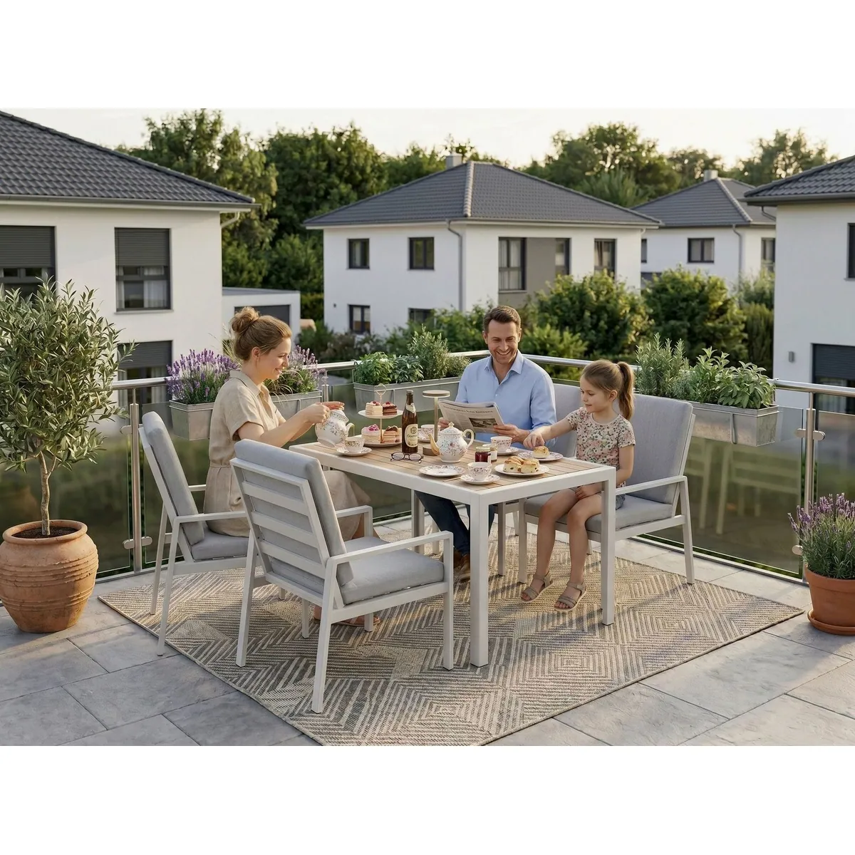 MeXo Garden Lounge-Set, Aluminium, wetterfest & pflegeleicht — 5-tlg., 140 x 80 cm Tisch, 4 Personen 4