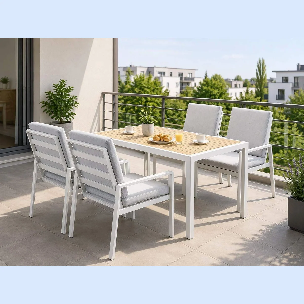 MeXo Garden Lounge-Set, Aluminium, wetterfest & pflegeleicht — 5-tlg., 140 x 80 cm Tisch, 4 Personen 5