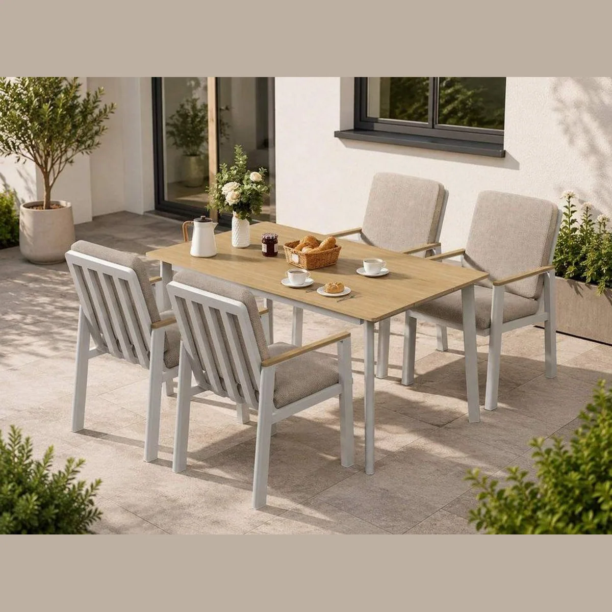 MeXo Gartenlounge-Set Aluminium, elegante 5-tlg. Essgruppe mit 150 x 80 cm Tisch