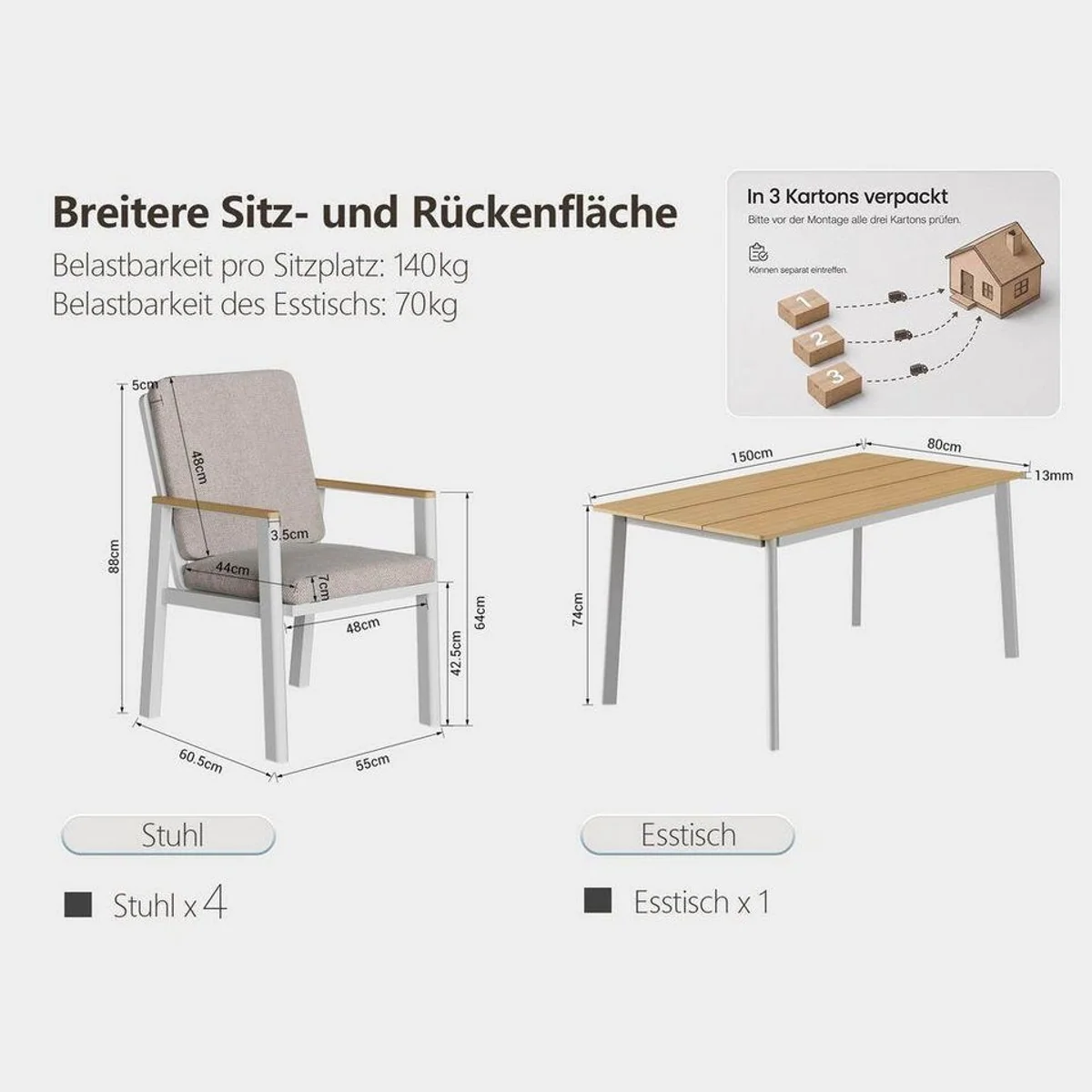 MeXo Gartenlounge-Set Aluminium, elegante 5-tlg. Essgruppe mit 150 x 80 cm Tisch 3