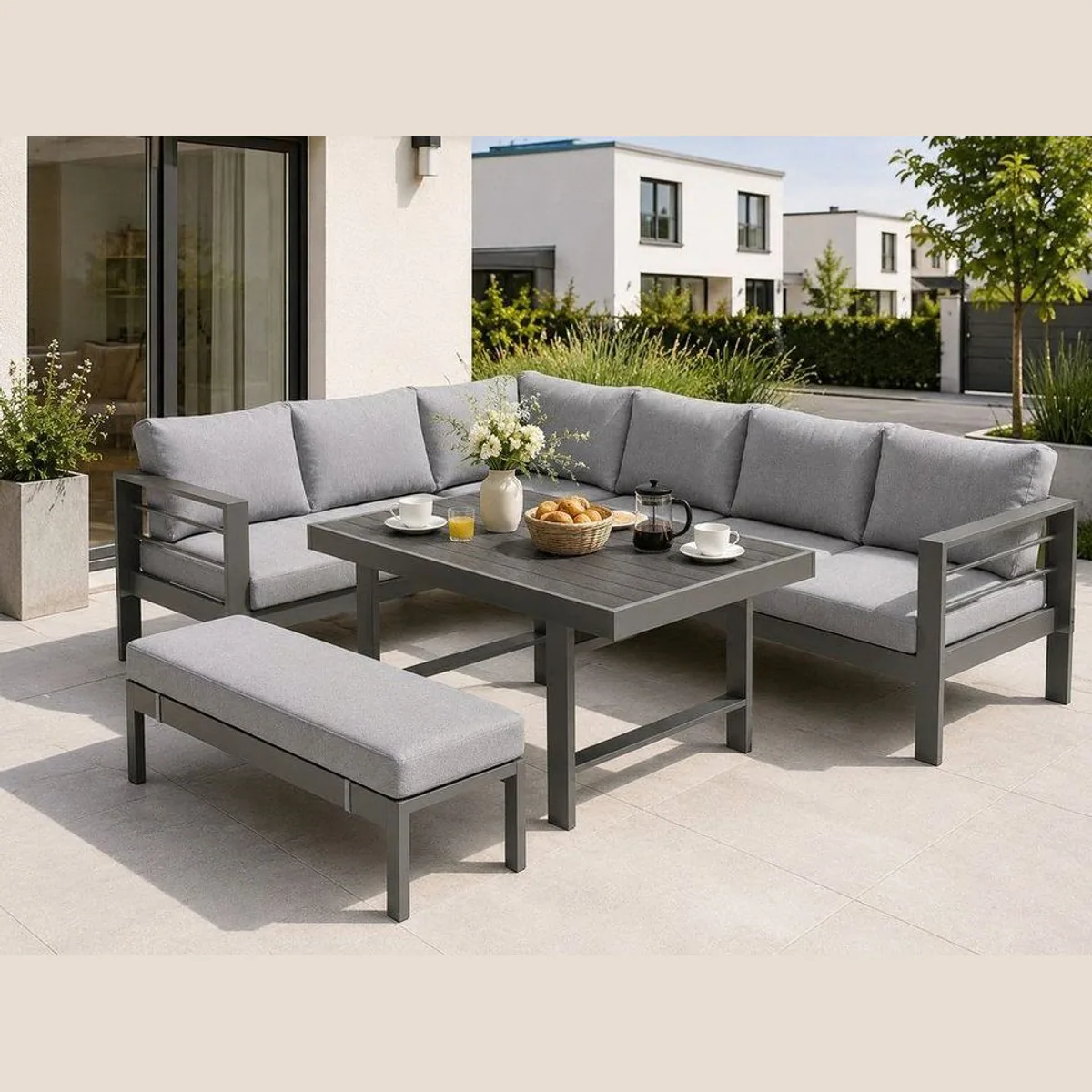 MeXo Gartenlounge-Set XXL, wetterfeste Aluminium-Gartenmöbel — komfortable Polster, pflegeleichte Tischplatte, flexibel kombinierbar