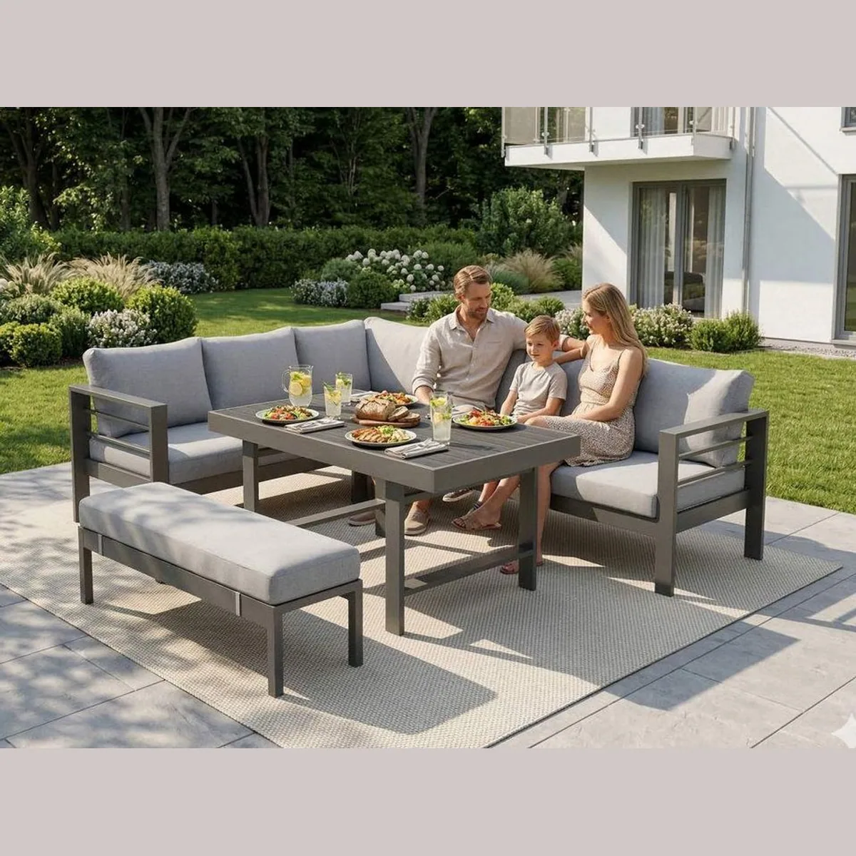 MeXo Gartenlounge-Set XXL, wetterfeste Aluminium-Gartenmöbel — komfortable Polster, pflegeleichte Tischplatte, flexibel kombinierbar 3