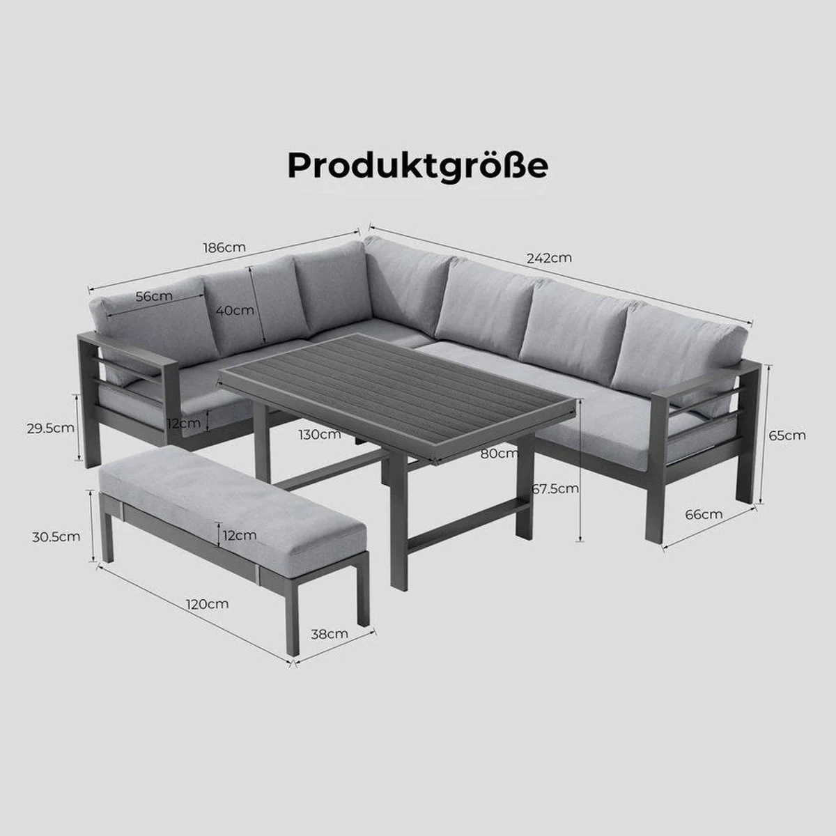 MeXo Gartenlounge-Set XXL, wetterfeste Aluminium-Gartenmöbel — komfortable Polster, pflegeleichte Tischplatte, flexibel kombinierbar 4