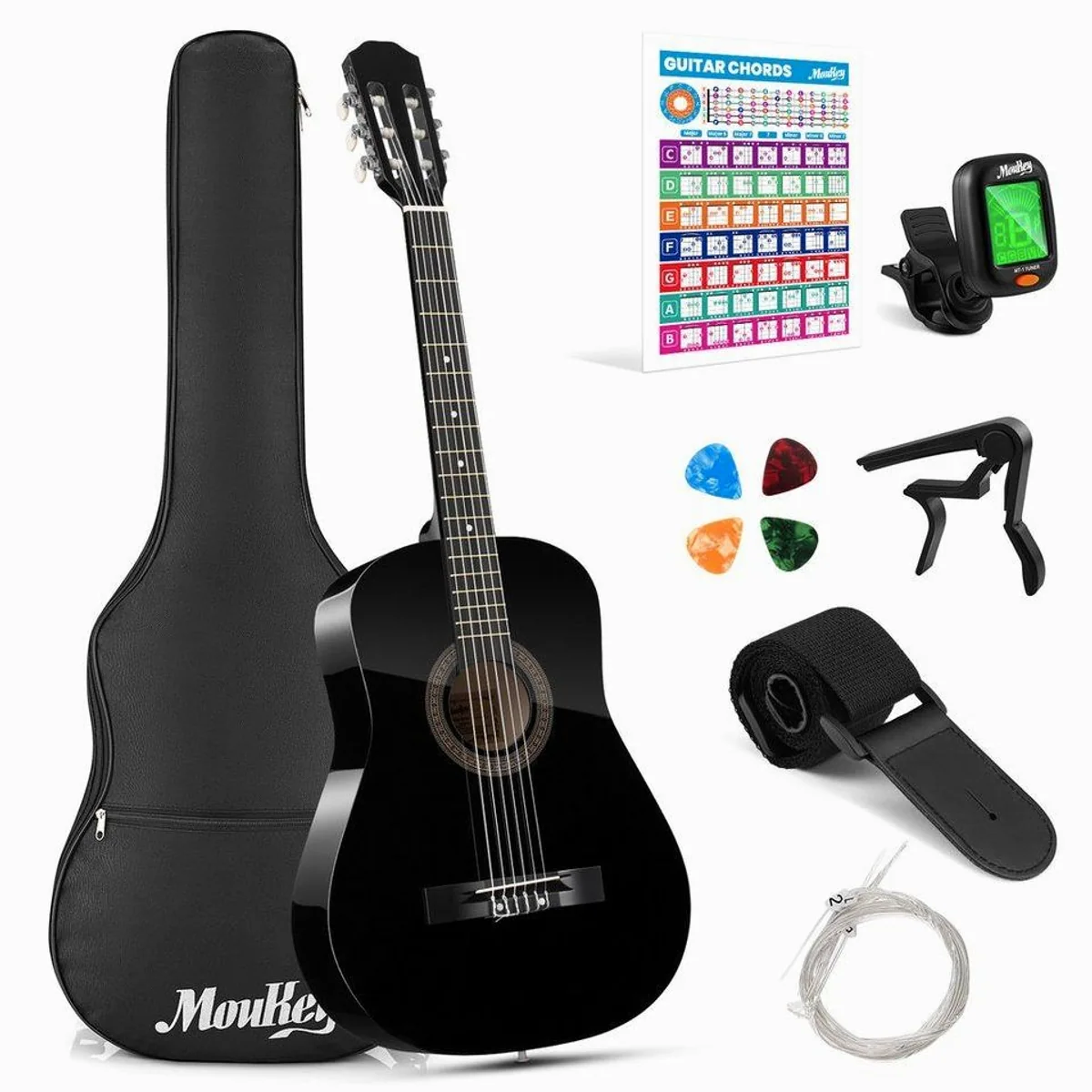 Moukey Akustikgitarre 38", leicht & handlich für Kinder — Komplettset mit Tasche, Stimmgerät, Gurt