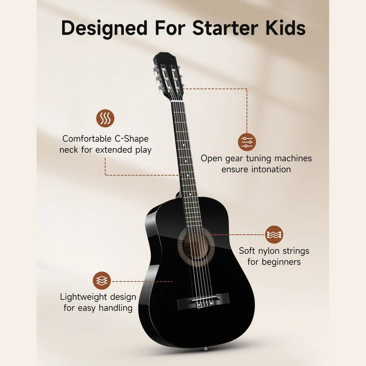 Moukey Akustikgitarre 38", leicht & handlich für Kinder — Komplettset mit Tasche, Stimmgerät, Gurt 2