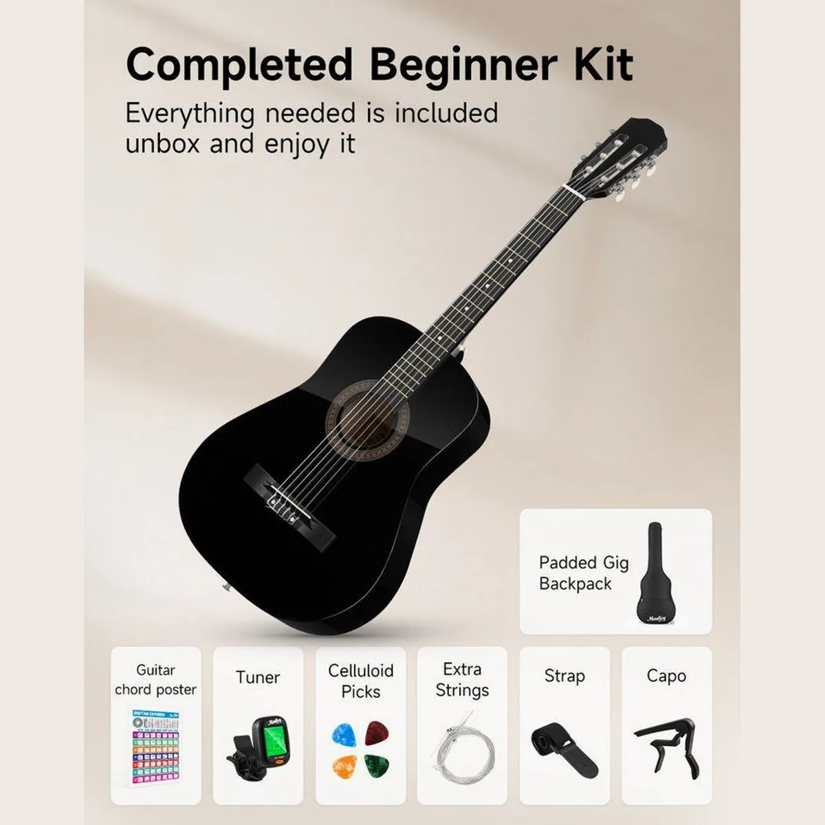 Moukey Akustikgitarre 38", leicht & handlich für Kinder — Komplettset mit Tasche, Stimmgerät, Gurt 3