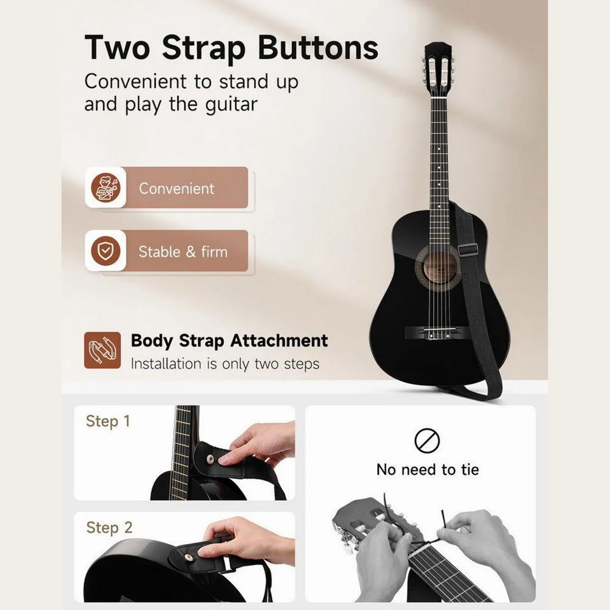 Moukey Akustikgitarre 38", leicht & handlich für Kinder — Komplettset mit Tasche, Stimmgerät, Gurt 4