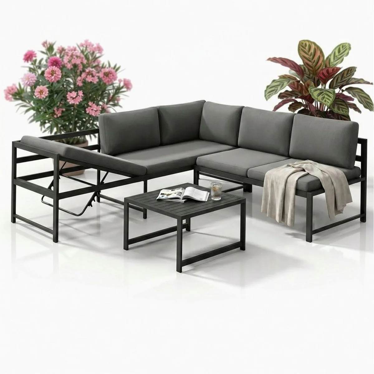 Mucola Gartenlounge-Set Ecksofa, wetterfest mit Liegefunktion & Loungetisch