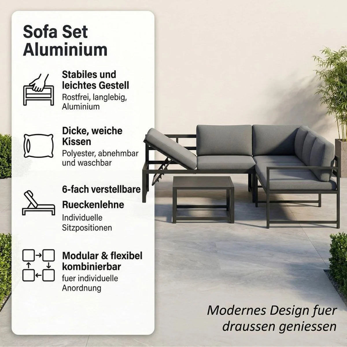 Mucola Gartenlounge-Set Ecksofa, wetterfest mit Liegefunktion & Loungetisch 2