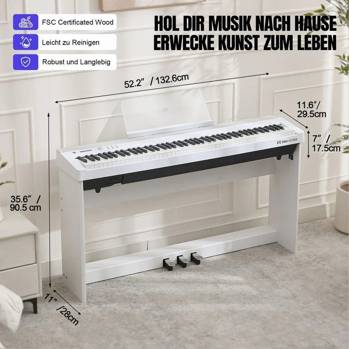 MUSTAR Digitalpiano, vollgewichtete Tasten, 238 Klänge & 3 Pedale 3
