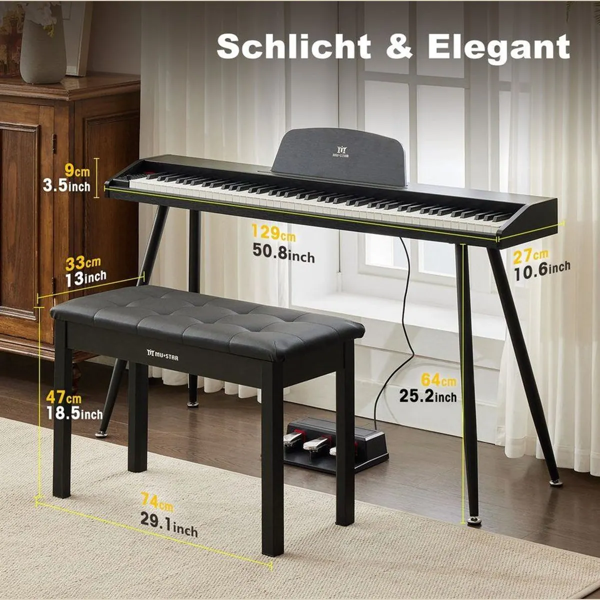 MUSTAR Digitalpiano 88 Tasten, Kompaktes Einsteiger-Set mit Pedalen & Hocker 2
