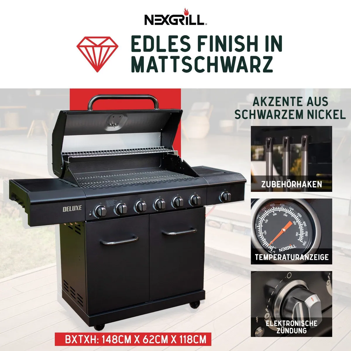 nexgrill Gasgrill Deluxe 6B, 6 Edelstahlbrenner, Seitenkochfeld, matt Schwarz 3