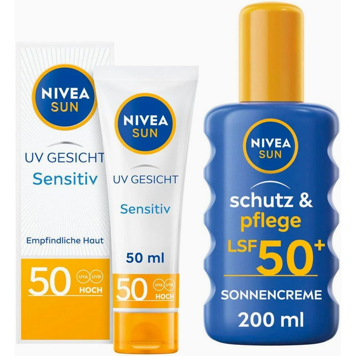Nivea Sun UV Gesichts- und Körperschutz Set, LSF 50 & LSF 50+, wasserfest, für empfindliche Haut