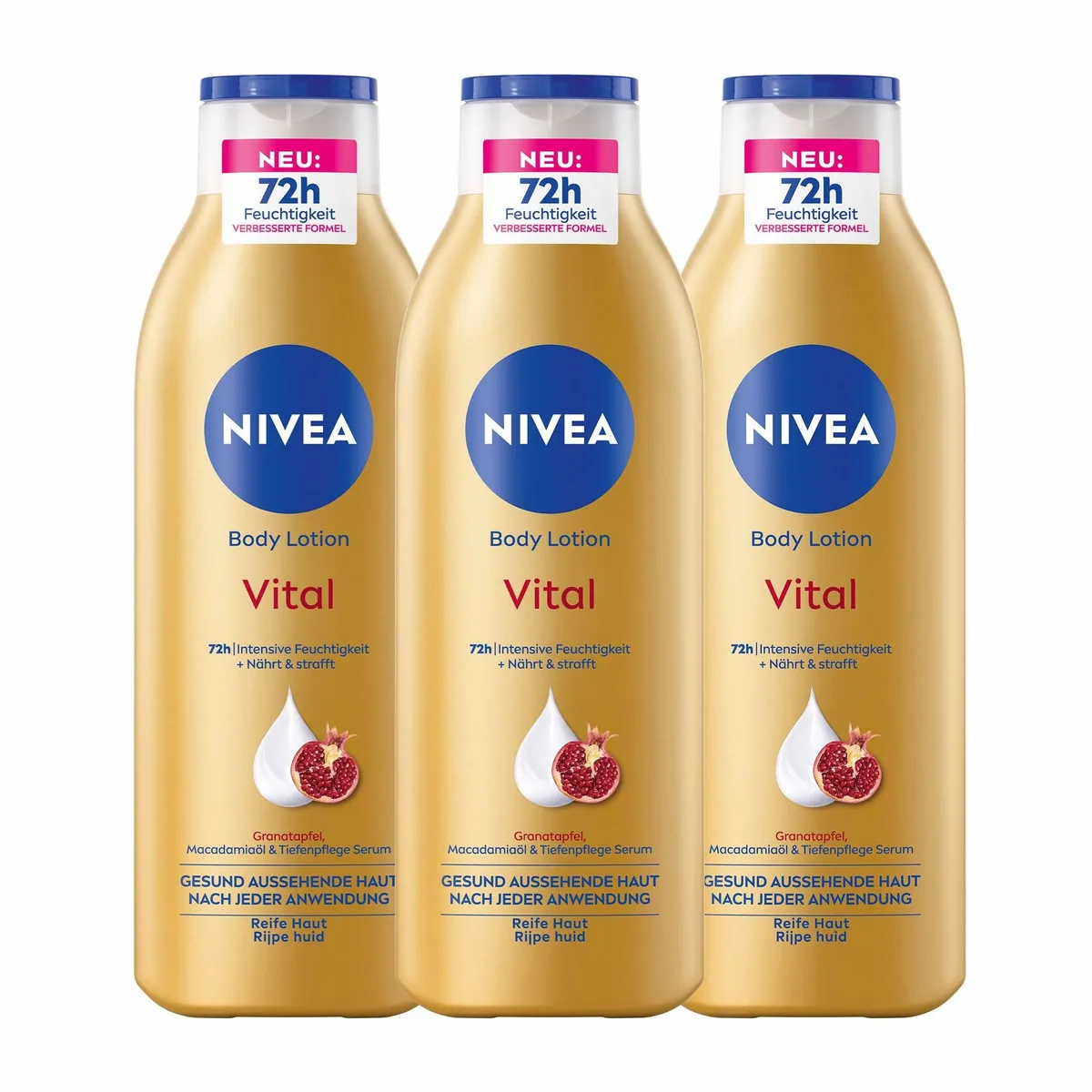 Nivea Vital Körperlotion 3 x 250ml, Granatapfel & Macadamiaöl — Intensive Feuchtigkeit, Hautstraffung, Schnell einziehend