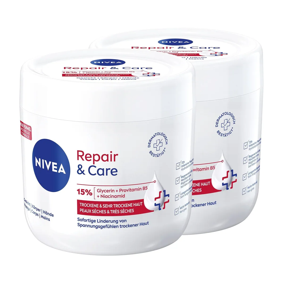 Nivea Repair & Care Creme, intensive Feuchtigkeit für 72 Stunden, hypoallergen