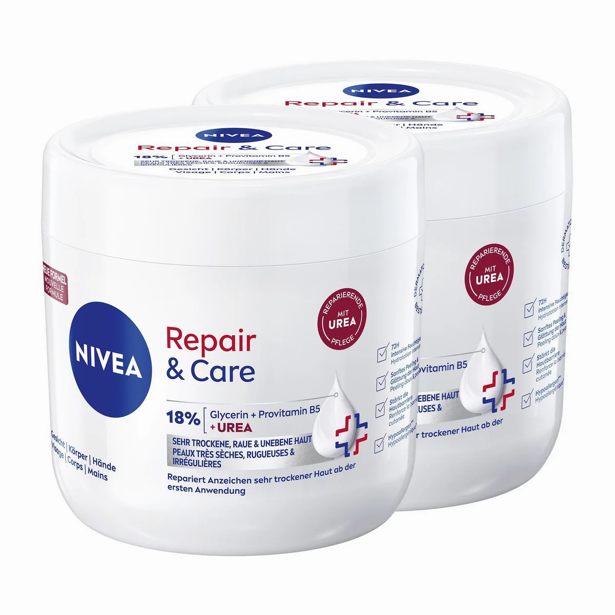 Nivea Repair & Care Creme, intensive Feuchtigkeit für trockene Haut — 18% Urea, Provitamin B5, Glycerin