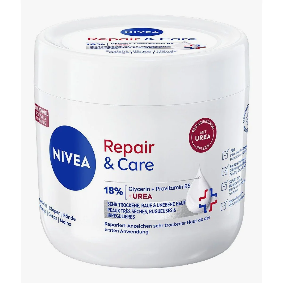 Nivea Repair & Care Creme, intensive Feuchtigkeit für trockene Haut — 18% Urea, Provitamin B5, Glycerin 2