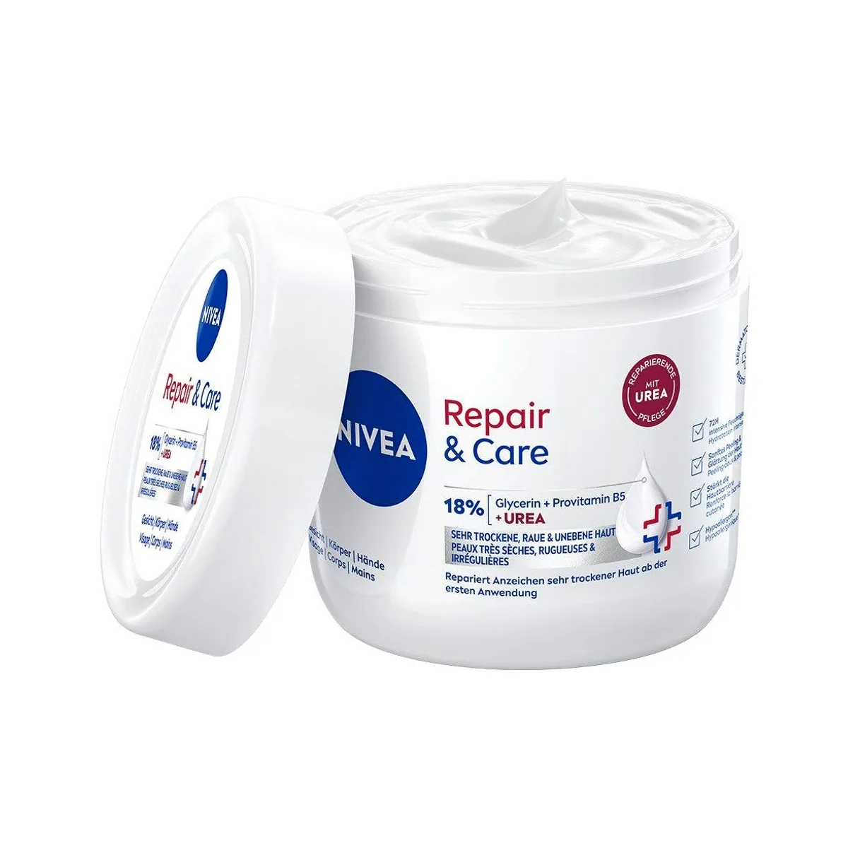 Nivea Repair & Care Creme, intensive Feuchtigkeit für trockene Haut — 18% Urea, Provitamin B5, Glycerin 3