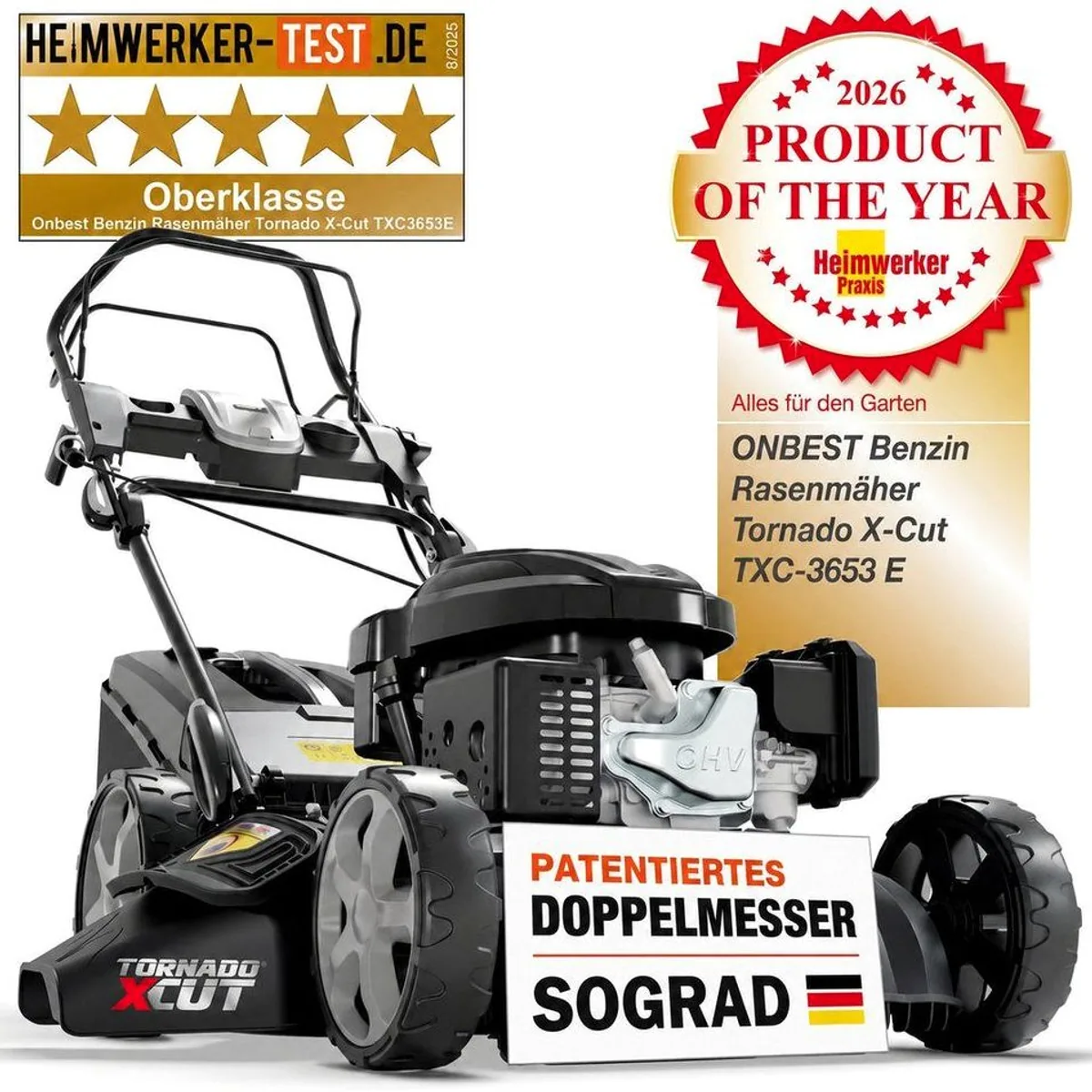 Onbest Tornado X-Cut Benzinrasenmäher, 5in1-Funktion, 6,5 PS, Elektrostart