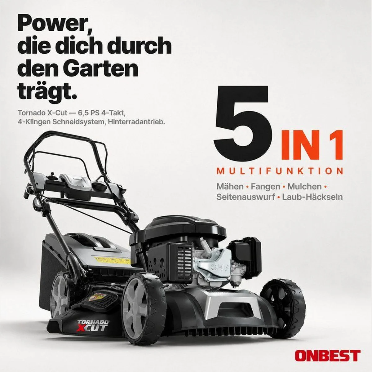 Onbest Tornado X-Cut Benzinrasenmäher, 5in1-Funktion, 6,5 PS, Elektrostart 2