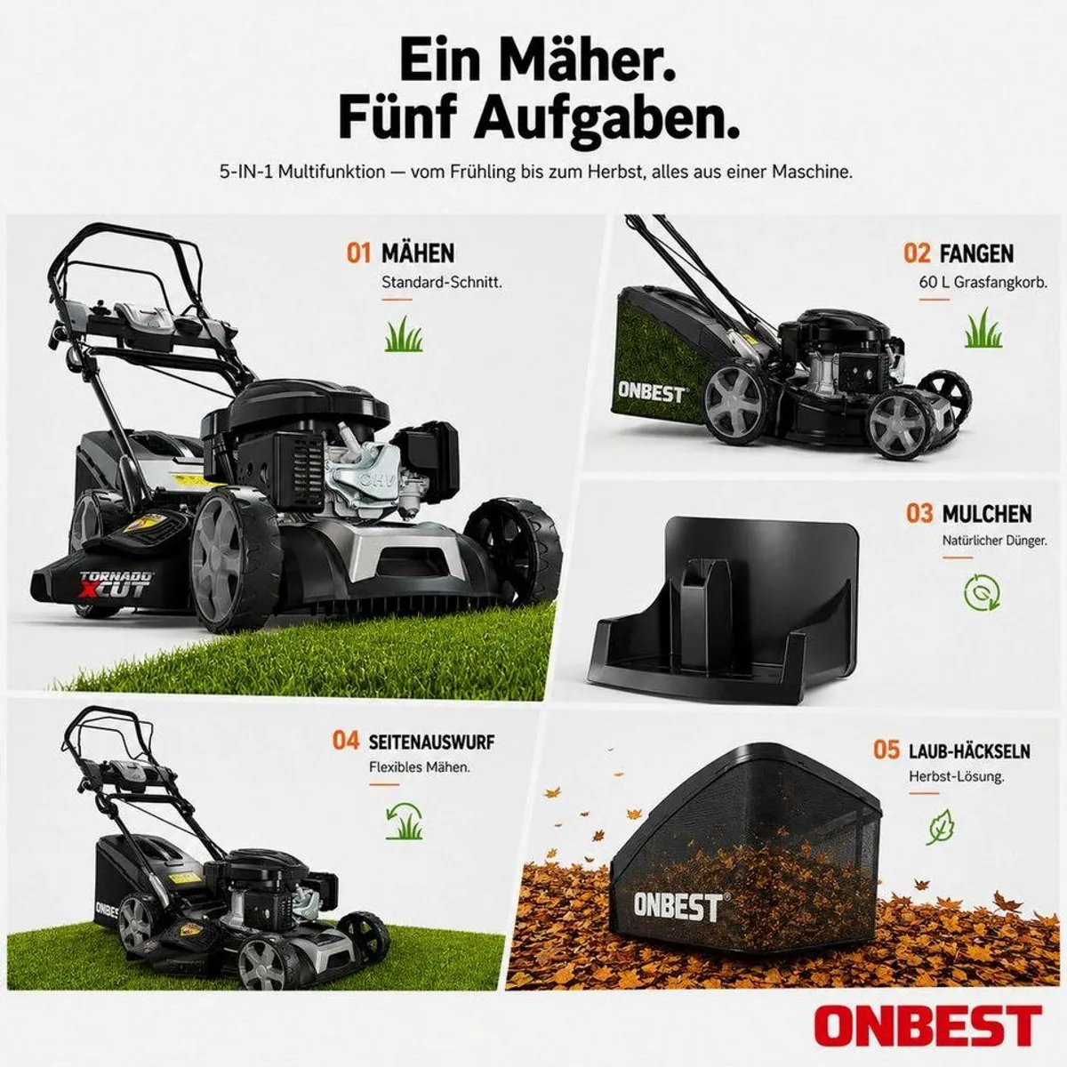 Onbest Tornado X-Cut Benzinrasenmäher, 5in1-Funktion, 6,5 PS, Elektrostart 4