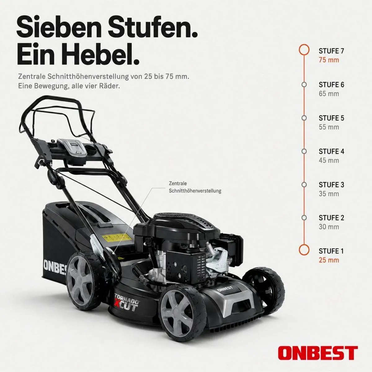 Onbest Tornado X-Cut Benzinrasenmäher, 5in1-Funktion, 6,5 PS, Elektrostart 5