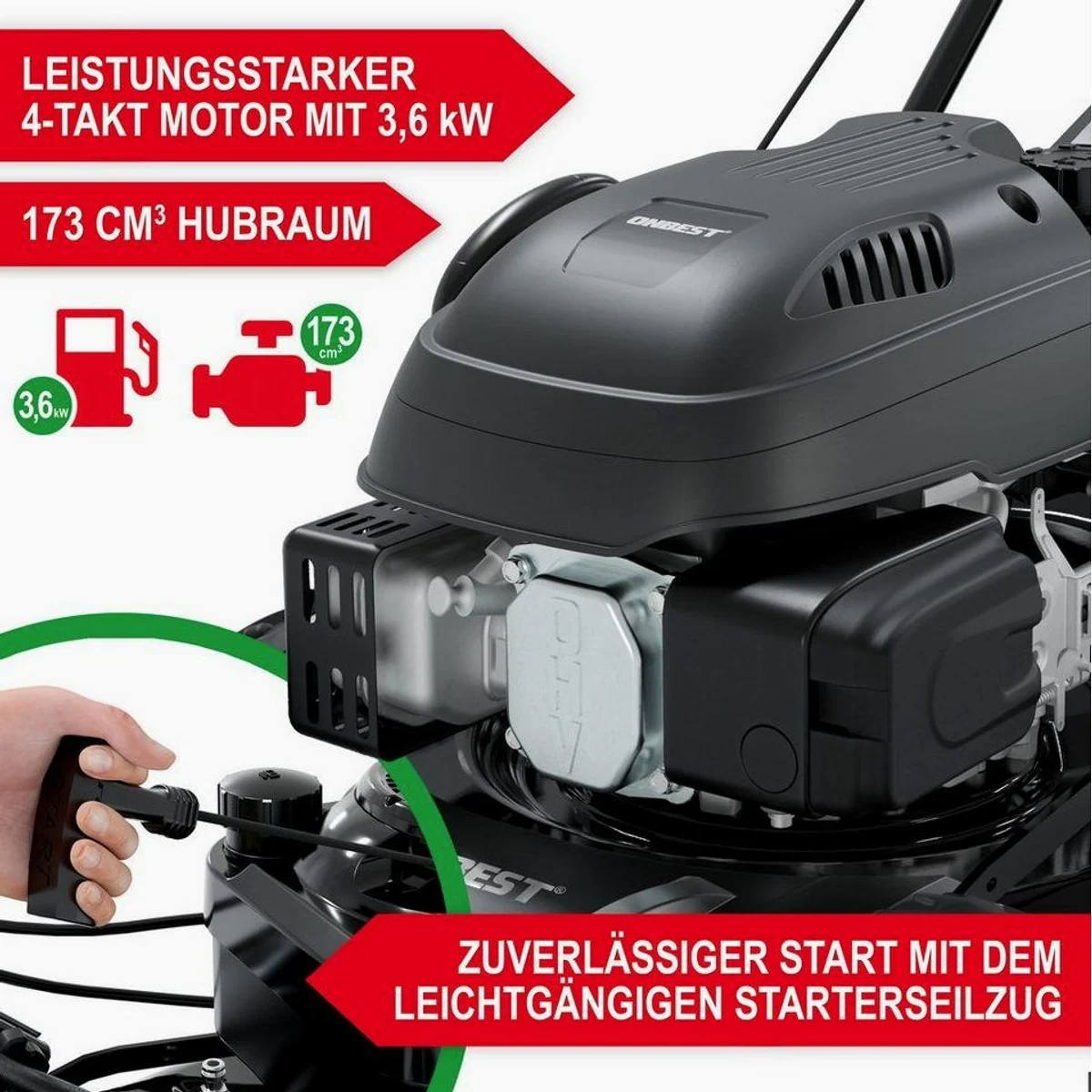 Onbest TXC-3646 Benzin-Rasenmäher, 5-in-1 Funktion, 4,9 PS, 46 cm Schnittbreite 3