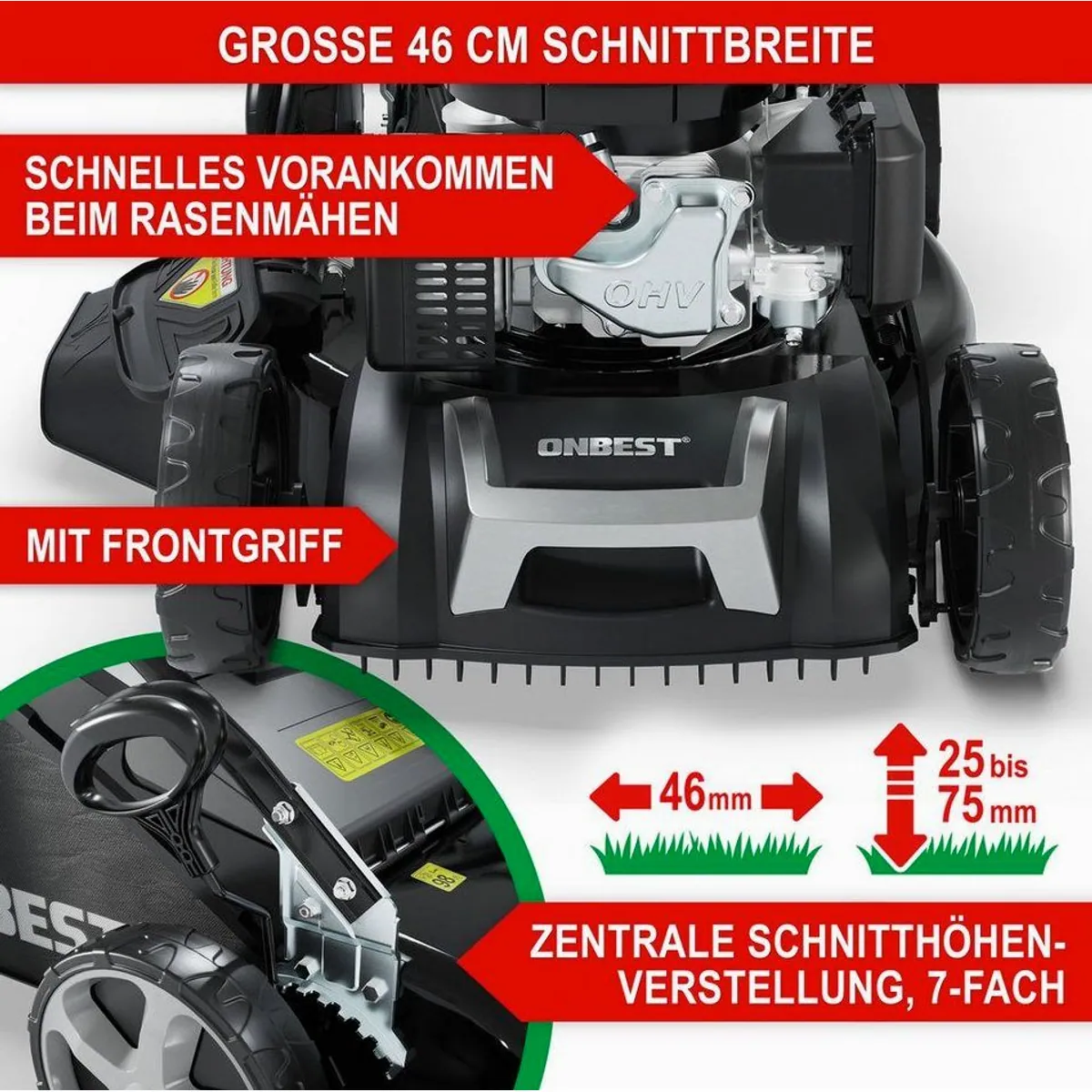 Onbest TXC-3646 Benzin-Rasenmäher, 5-in-1 Funktion, 4,9 PS, 46 cm Schnittbreite 4