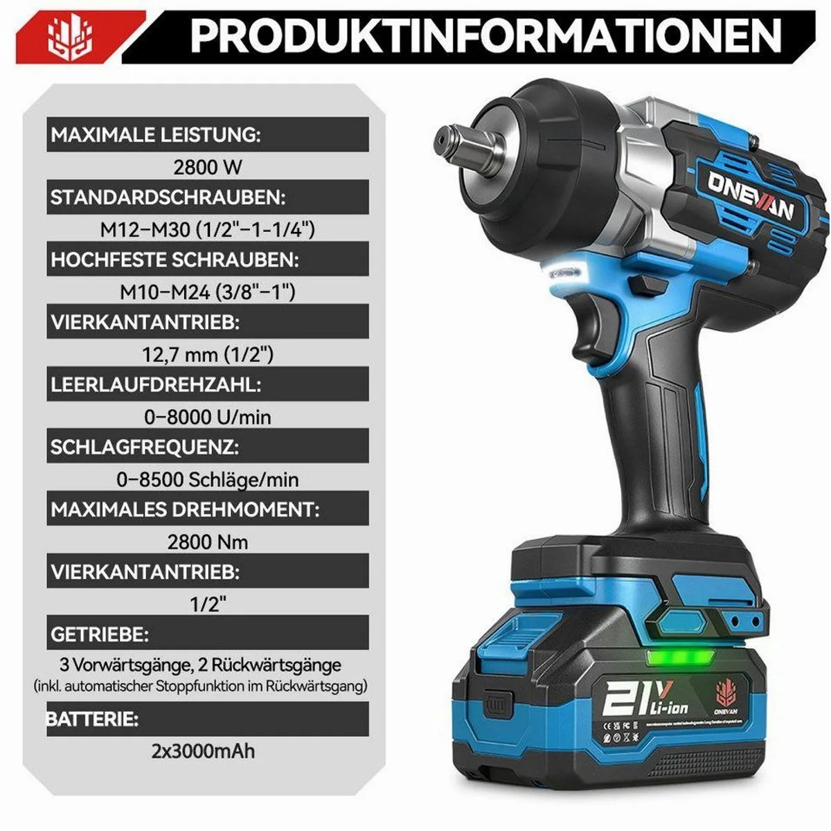 ONEVAN Akku-Schlagschrauber, 2800 Nm Drehmoment, 8000 U/min — mit 2 Akkus und Ladebox 5