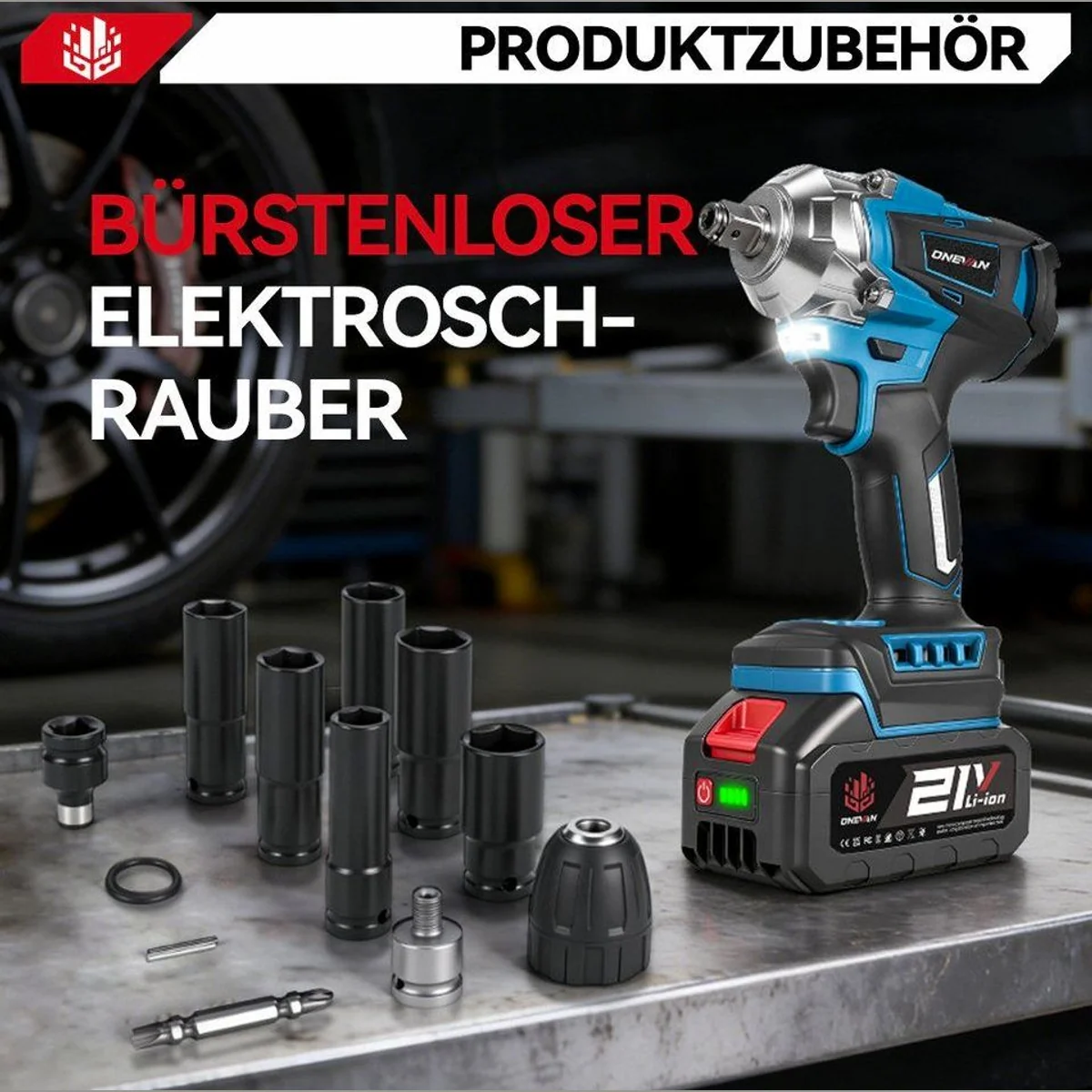 ONEVAN Akku-Schlagschrauber, 1200 Nm, Bürstenloser Motor, 2x Akku & 44 Zubehörteile 3