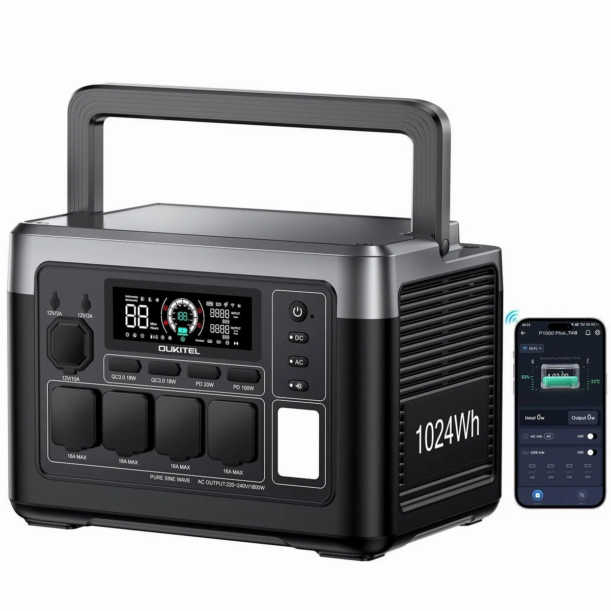 OUKITEL P1000E Plus Tragbare Powerstation, 1.024 Wh, 4x 1800W AC-Ausgänge