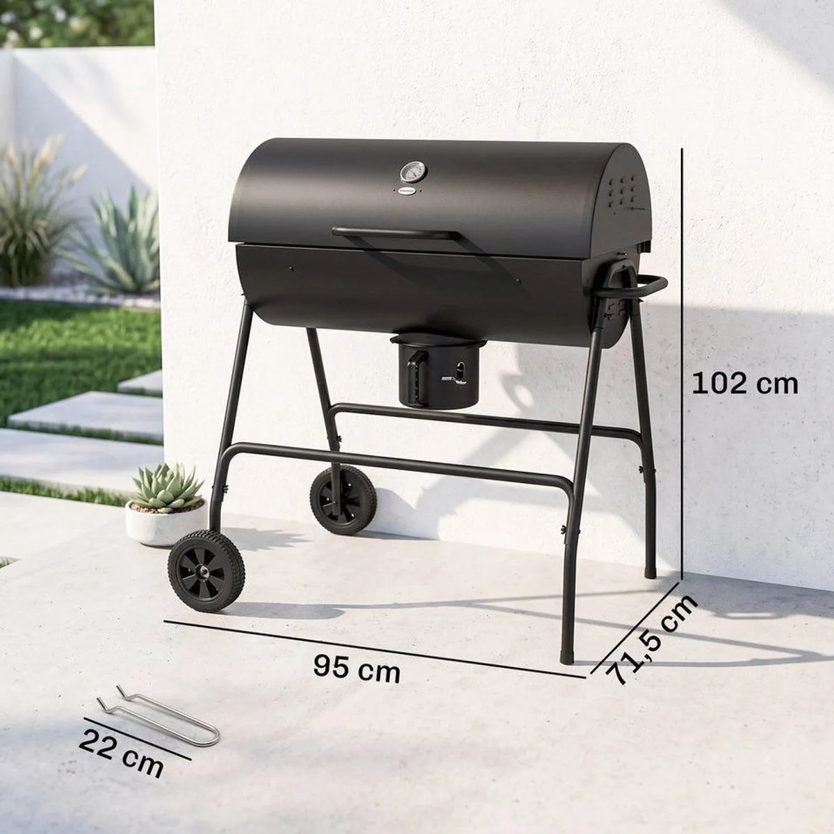 Outsunny Holzkohlegrill, BBQ Smoker mit Deckel, fahrbar — präzise Temperaturkontrolle, robustes Metall, leicht transportierbar 3