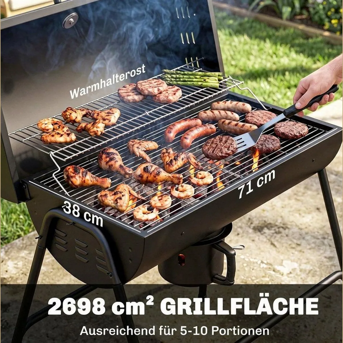 Outsunny Holzkohlegrill, BBQ Smoker mit Deckel, fahrbar — präzise Temperaturkontrolle, robustes Metall, leicht transportierbar 4