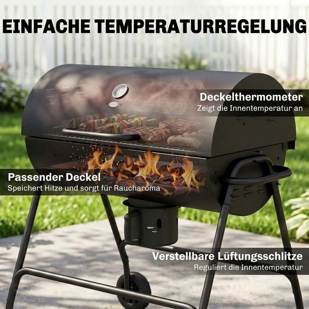Outsunny Holzkohlegrill, BBQ Smoker mit Deckel, fahrbar — präzise Temperaturkontrolle, robustes Metall, leicht transportierbar 5