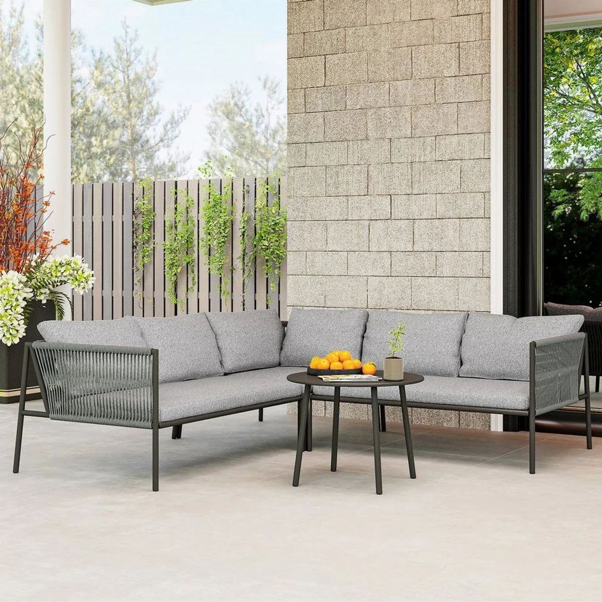 Outsunny Rattan Gartenmöbel Set, wetterfest, modulares Ecksofa mit Tisch — für 6 Personen, Dunkelgrau