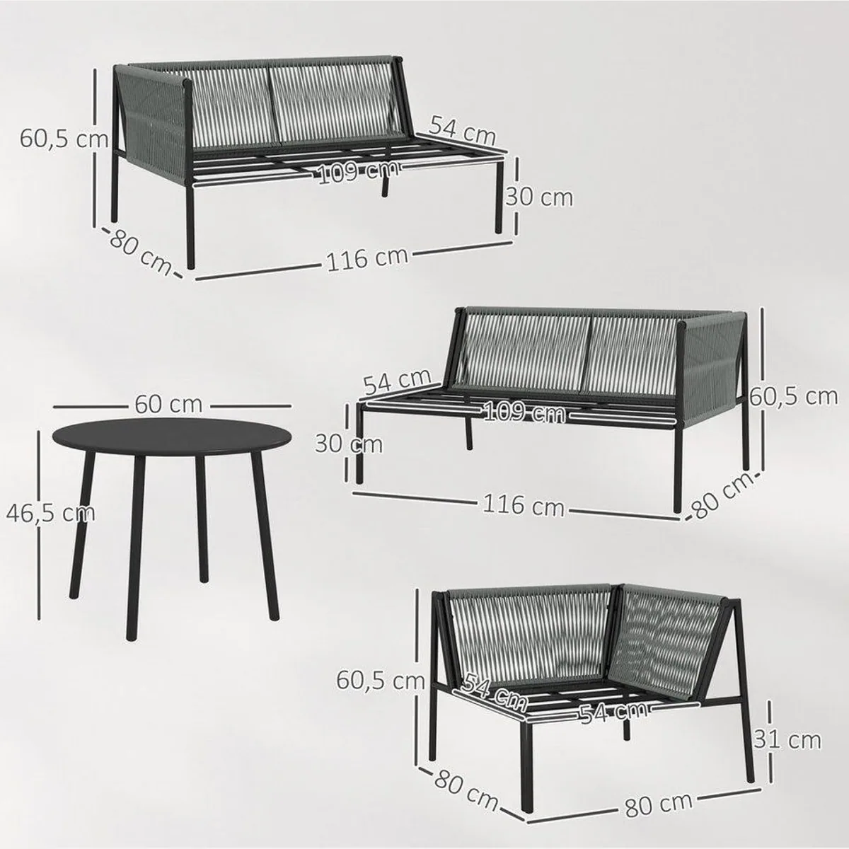 Outsunny Rattan Gartenmöbel Set, wetterfest, modulares Ecksofa mit Tisch — für 6 Personen, Dunkelgrau 3